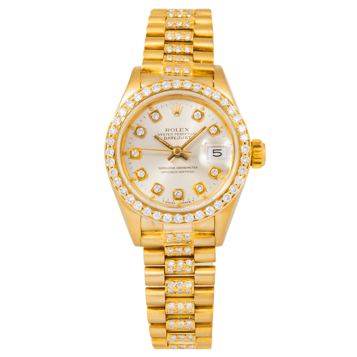 Pre-Owned Rolex Datejust 26MM 69178 Mother of Pearl Diamond Dial Diamond Bezel 18K Yellow Gold Semi Diamond President Bracelet