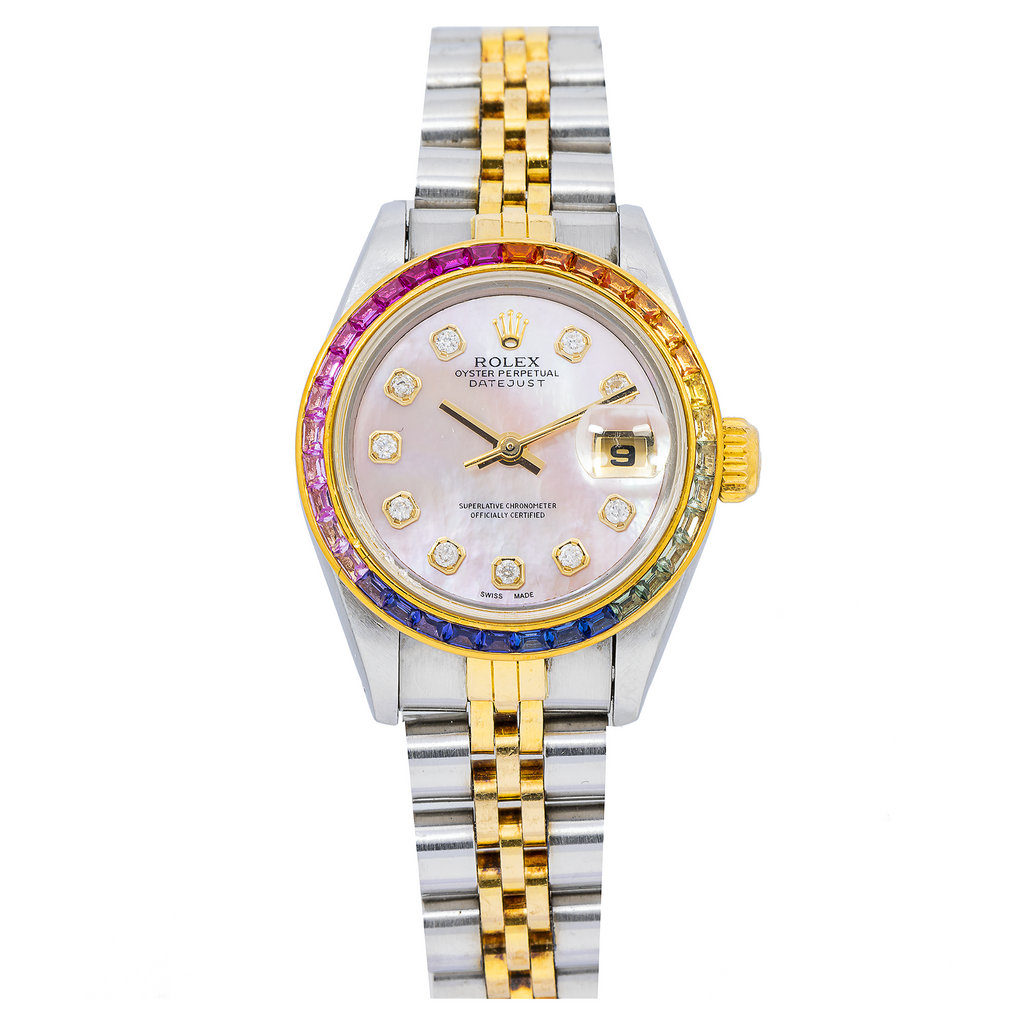 Pre-Owned Rolex Datejust 26MM 69173 Pink Mother of Pearl Diamond Dial Rainbow Gemstone Bezel Two Tone Yellow Gold Jubilee Bracelet 0.2ct