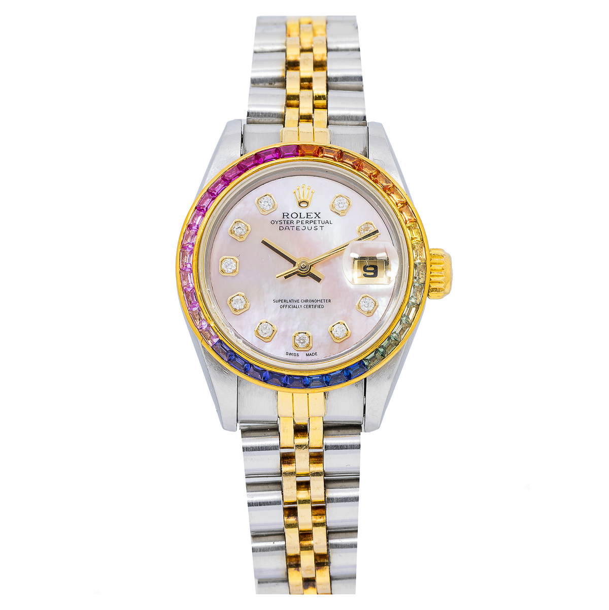 Pre-Owned Rolex Datejust 26MM 69173 Pink Mother of Pearl Diamond Dial Rainbow Gemstone Bezel Two Tone Yellow Gold Jubilee Bracelet 0.2ct