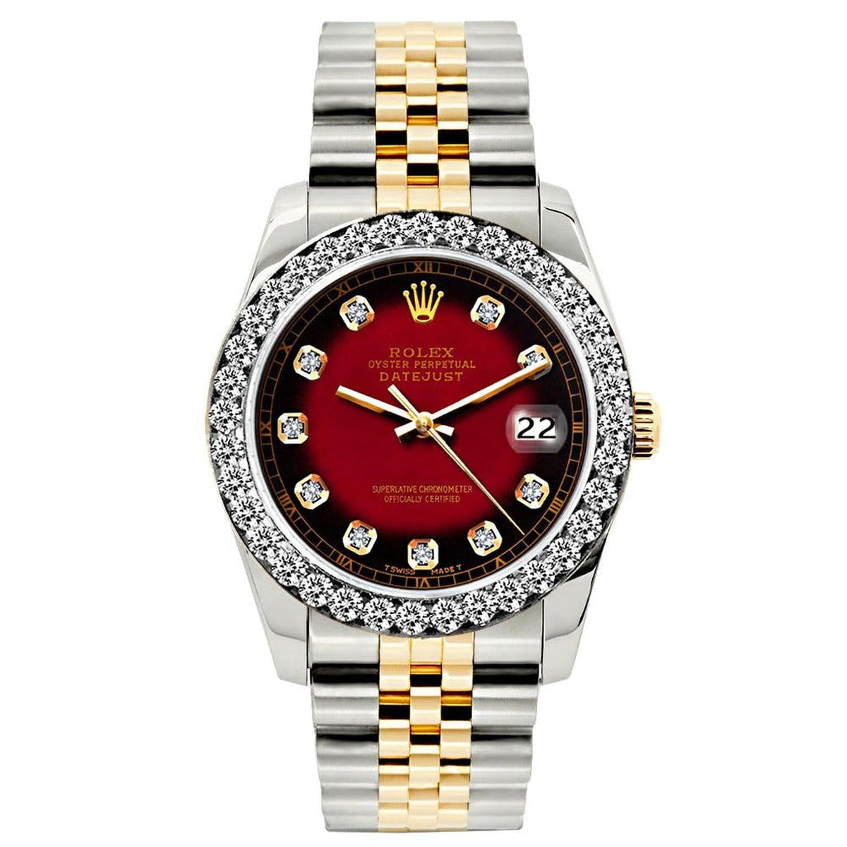 Pre-Owned Rolex Datejust 26MM 6917 Red Diamond Dial Diamond Bezel Two Tone Yellow Gold Jubilee Bracelet 1.2ct