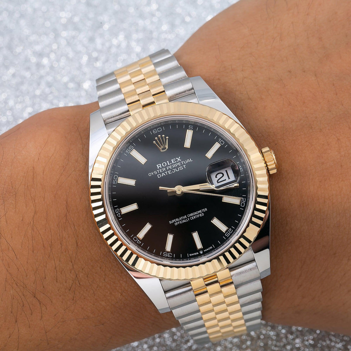 Pre-Owned Rolex Datejust 41MM 126333 Black Dial Fluted Bezel Two Tone Yellow Gold Jubilee Bracelet