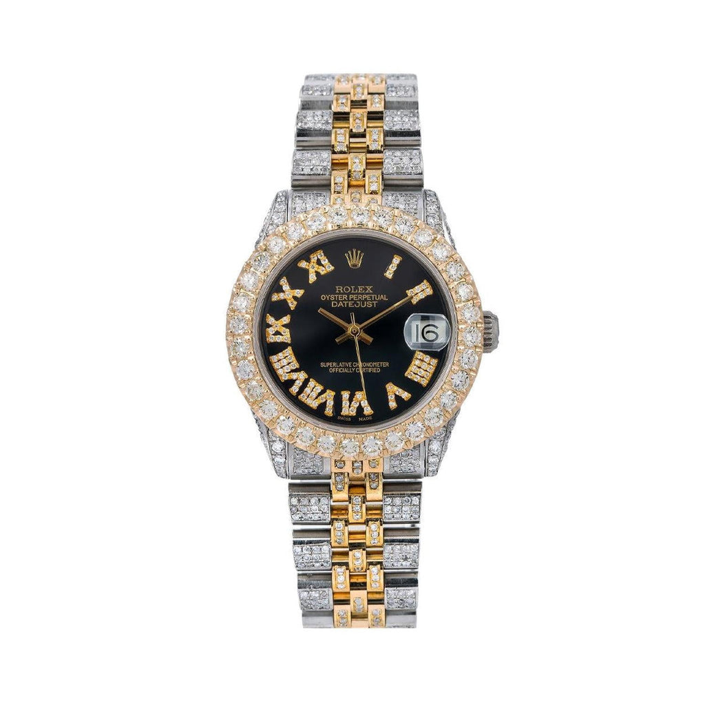 Pre-Owned Rolex Datejust 31MM 6824 Black Roman Diamond Dial Diamond Bezel Two Tone Yellow Gold Full Diamond Jubilee Bracelet