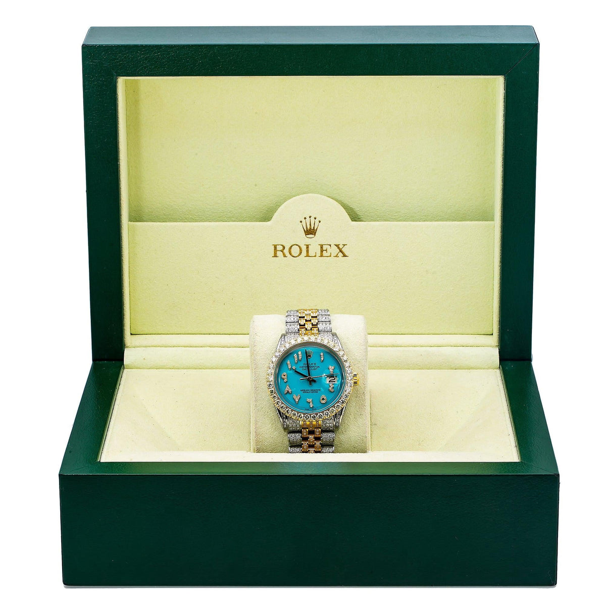 Pre-Owned Rolex Datejust 36MM 1601 Blue Eastern Arabic Diamond Dial Diamond Bezel Two Tone Yellow Gold Full Diamond Jubilee Bracelet 8.75ct