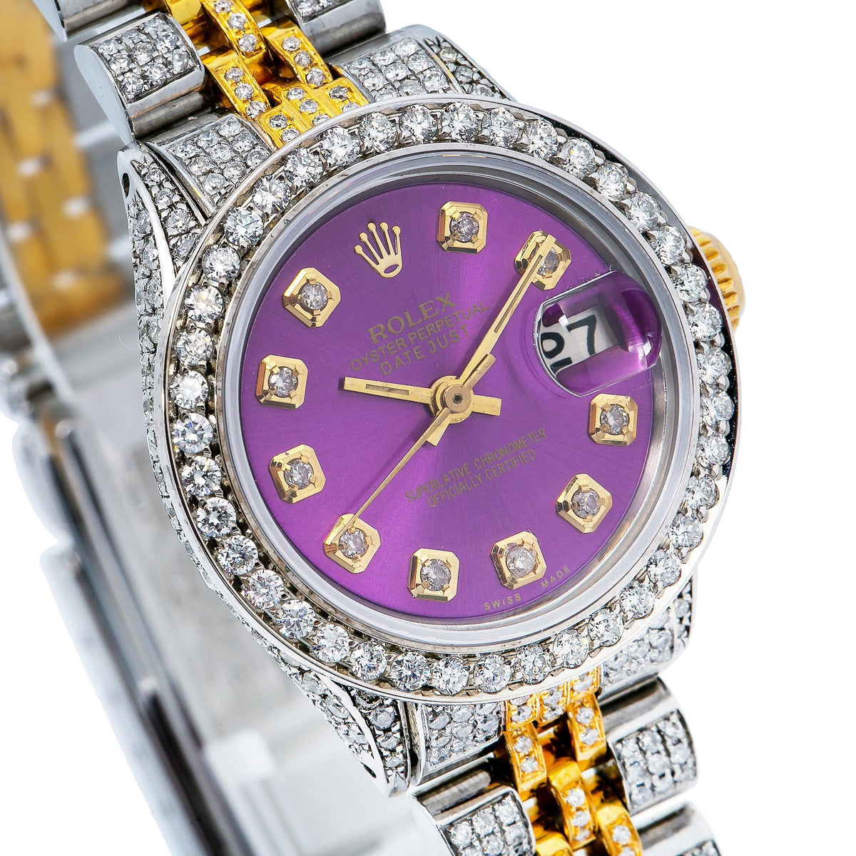 Pre-Owned Rolex Datejust 26MM 69173 Purple Diamond Dial Diamond Bezel Two Tone Yellow Gold Full Diamond Jubilee Bracelet