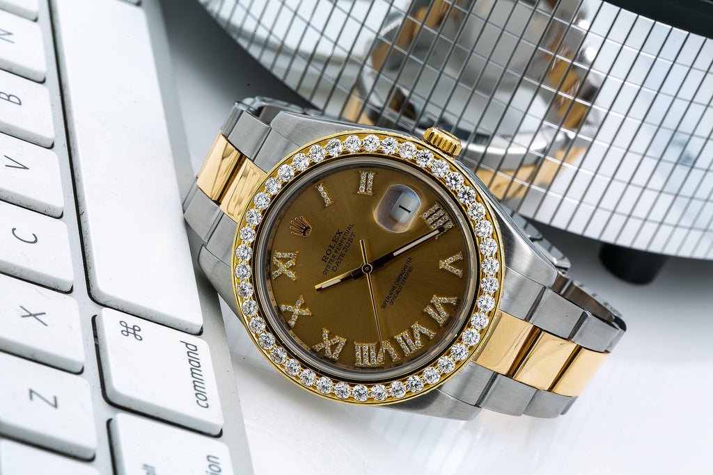 Pre-Owned Rolex Datejust II 41MM 116333 Champagne Roman Diamond Dial Diamond Bezel Two Tone Yellow Gold Oyster Bracelet