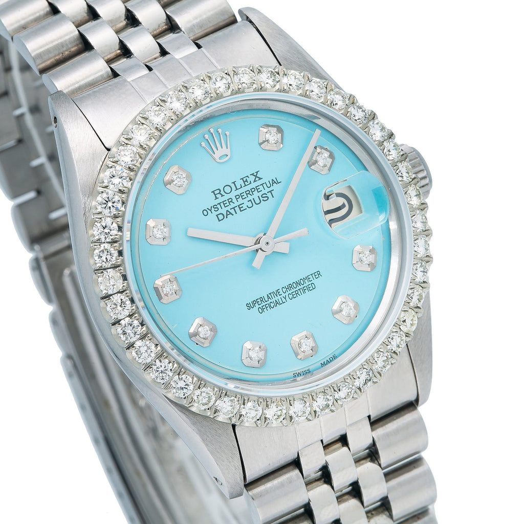 Pre-Owned Rolex Datejust 36MM 1601 Ice Blue Diamond Dial Diamond Bezel Stainless Steel Jubilee Bracelet