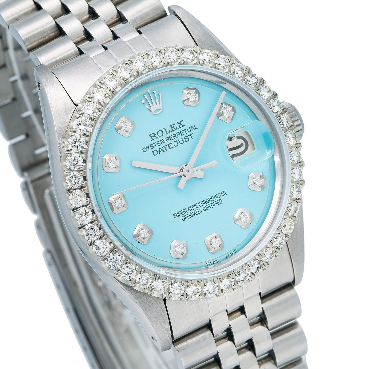 Pre-Owned Rolex Datejust 36MM 1601 Ice Blue Diamond Dial Diamond Bezel Stainless Steel Jubilee Bracelet