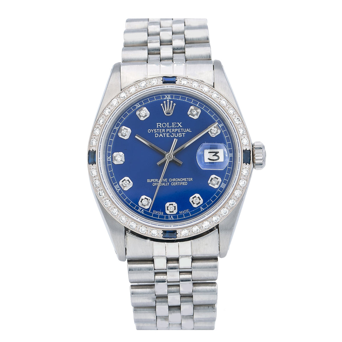Pre-Owned Rolex Datejust 1603 36mm Blue Diamond Dial Stainless Steel Bracelet Watch (1.25 CT Aftermarket Diamonds)