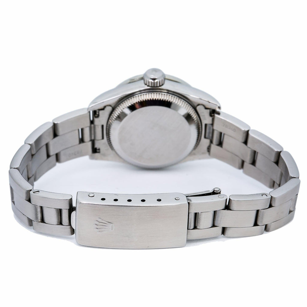 Pre-Owned Rolex Oyster Perpetual 26MM 76094 White Mother of Pearl Diamond Dial Diamond Bezel Stainless Steel Oyster Bracelet