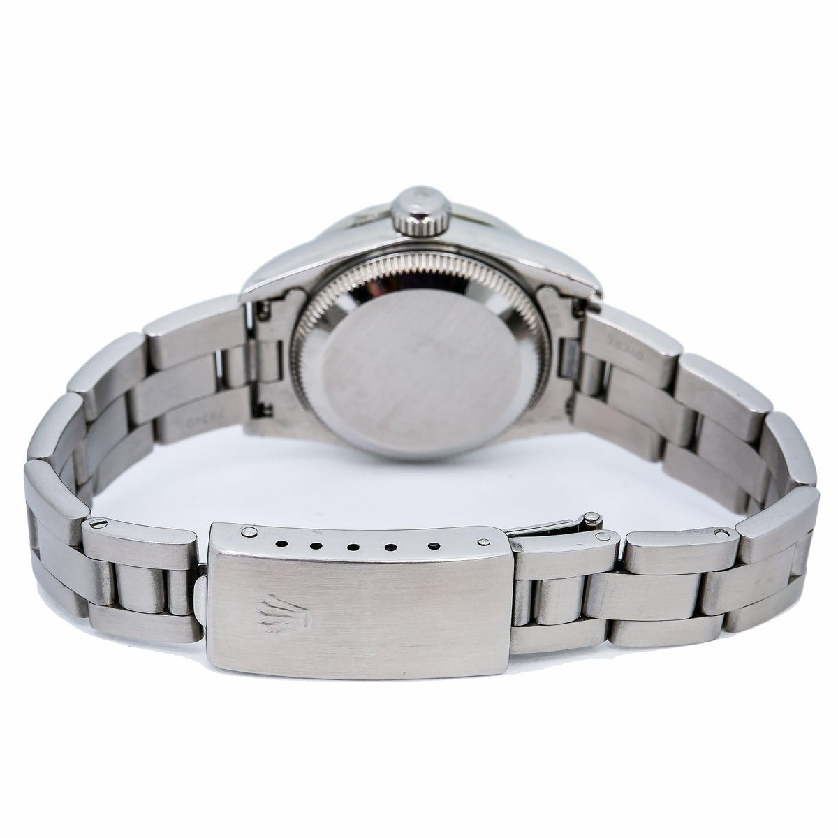 Pre-Owned Rolex Oyster Perpetual 26MM 76094 White Mother of Pearl Diamond Dial Diamond Bezel Stainless Steel Oyster Bracelet