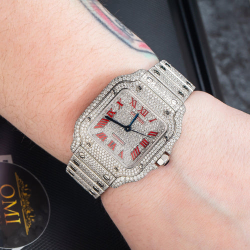 Pre-Owned Cartier Santos 35.1MM WSSA0029 Diamond Paved Roman Dial Diamond Paved Bezel Stainless Steel Full Diamond Bracelet 11.65ct