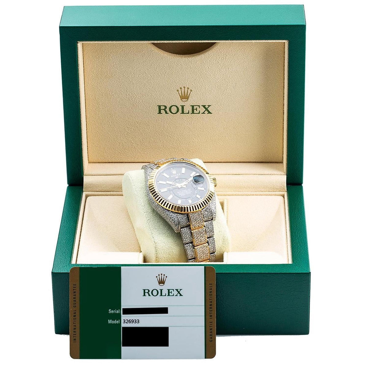 Pre-Owned Rolex Sky-Dweller 42MM 326933 Black Dial Fluted Bezel Two Tone Yellow Gold Full Diamond Oyster Bracelet 21.5ct