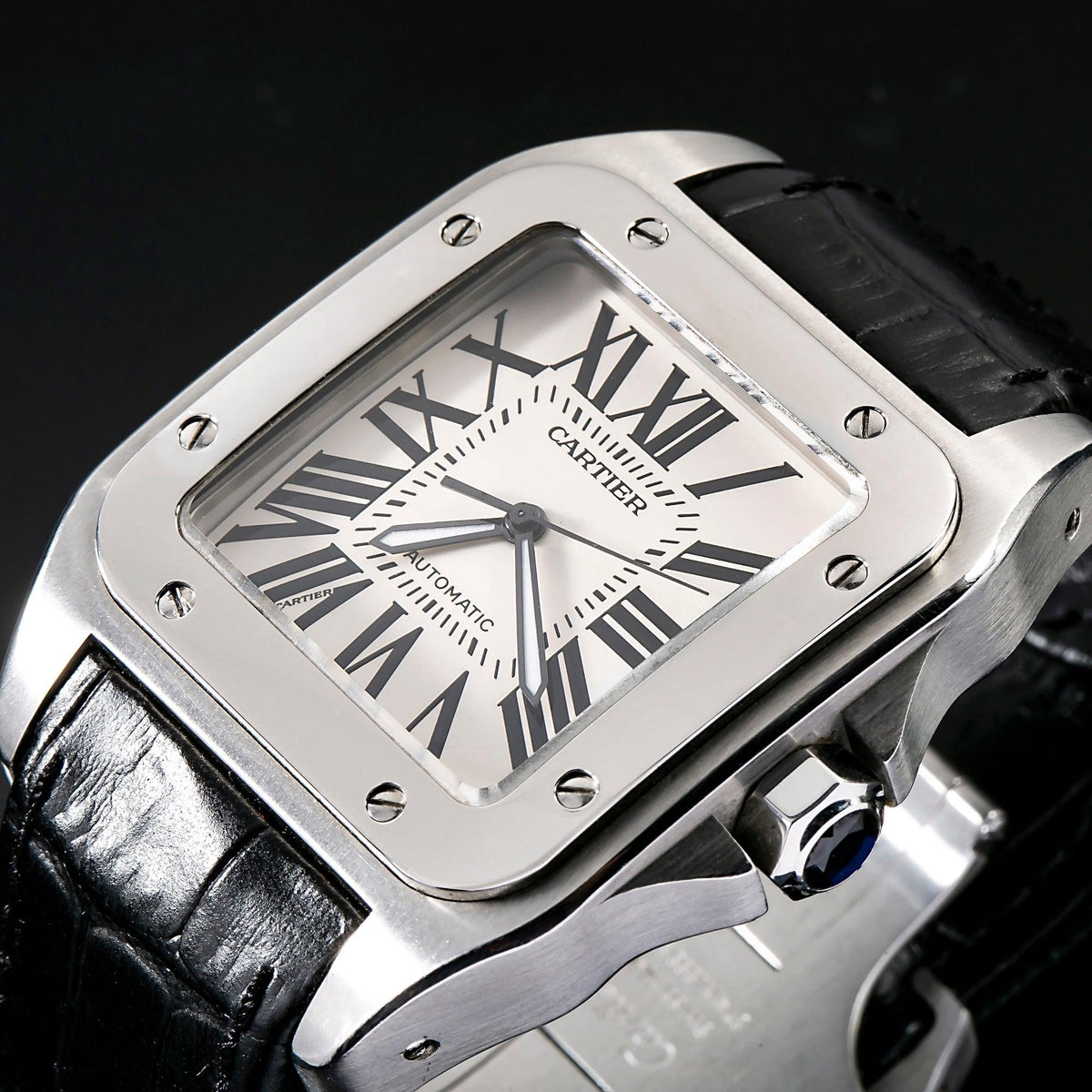 Pre-Owned Cartier Santos 100 2656 38MM White Dial With Leather Bracelet