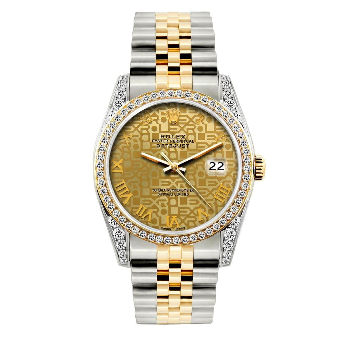Pre-Owned Rolex Datejust 36MM 16233 Champagne Pattern Roman Dial Diamond Bezel Two Tone Yellow Gold Jubilee Bracelet 1.2ct