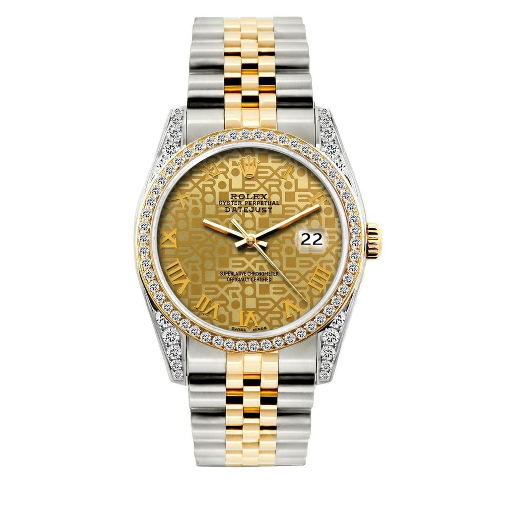Pre-Owned Rolex Datejust 36MM 16233 Champagne Pattern Roman Dial Diamond Bezel Two Tone Yellow Gold Jubilee Bracelet 1.2ct