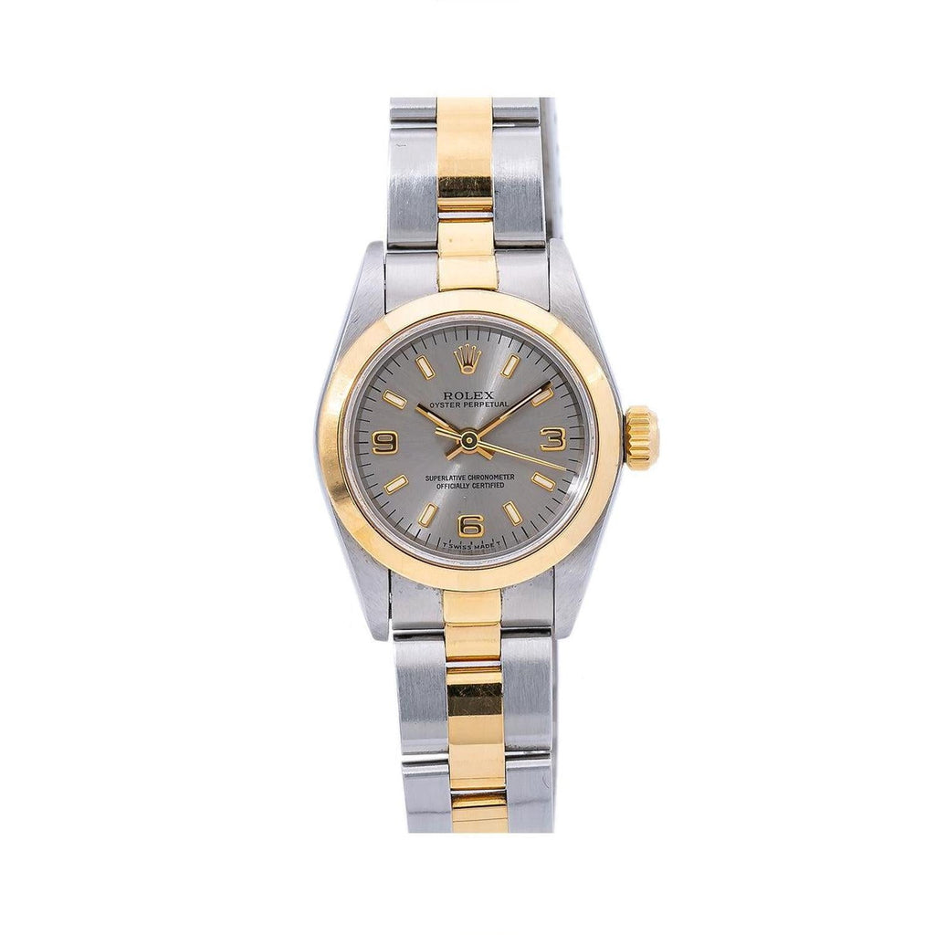 Pre-Owned Rolex Oyster Perpetual 26MM 67183 Gray Arabic Dial Smooth Bezel Two Tone Yellow Gold Oyster Bracelet