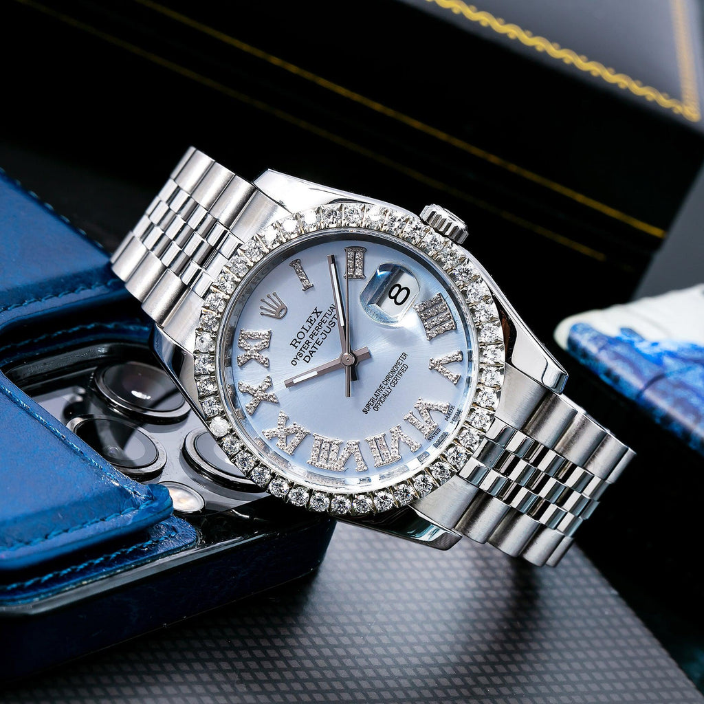 Pre-Owned Rolex Datejust 36MM 116234 Ice Blue Roman Diamond Dial Diamond Bezel Stainless Steel Jubilee Bracelet