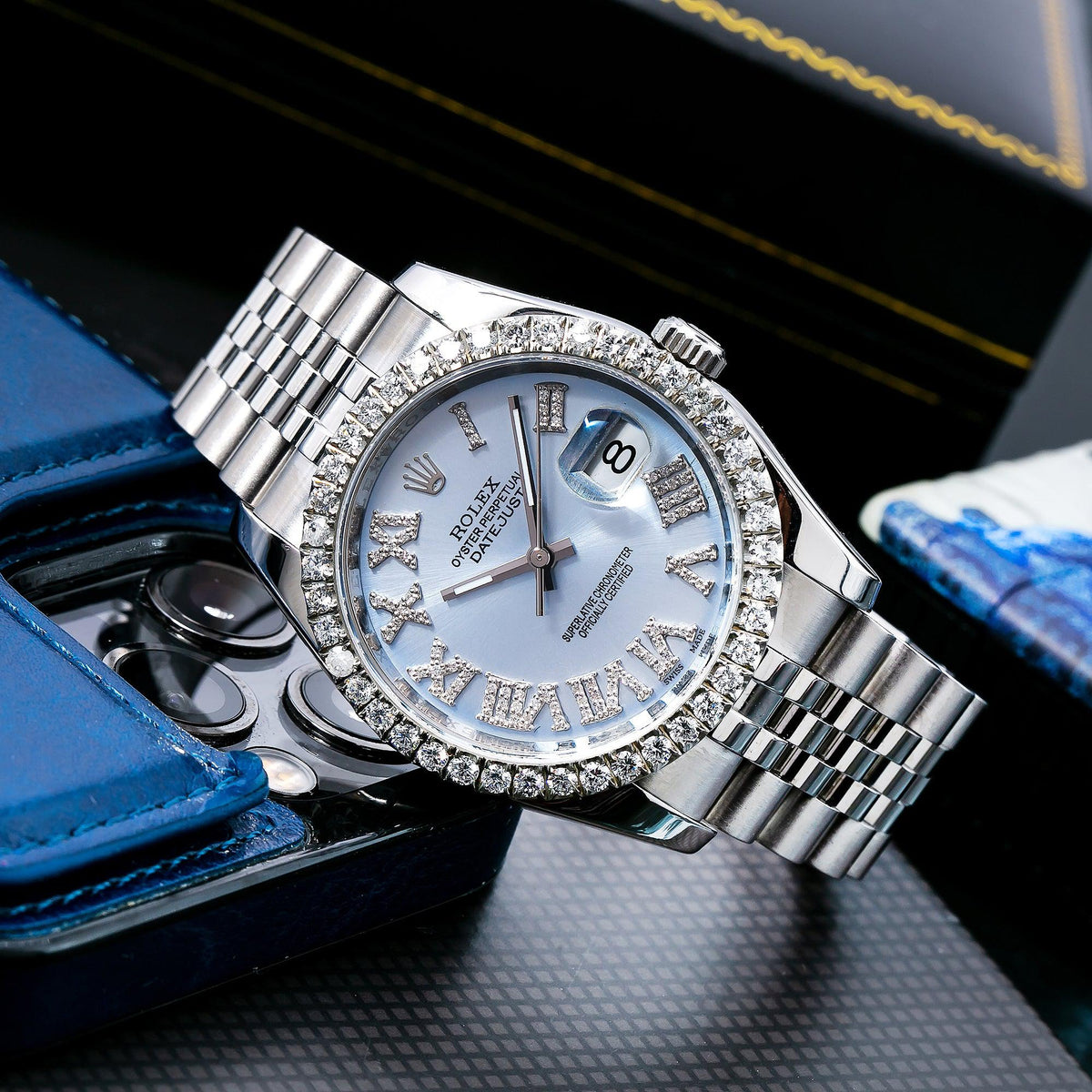 Pre-Owned Rolex Datejust 36MM 116234 Ice Blue Roman Diamond Dial Diamond Bezel Stainless Steel Jubilee Bracelet