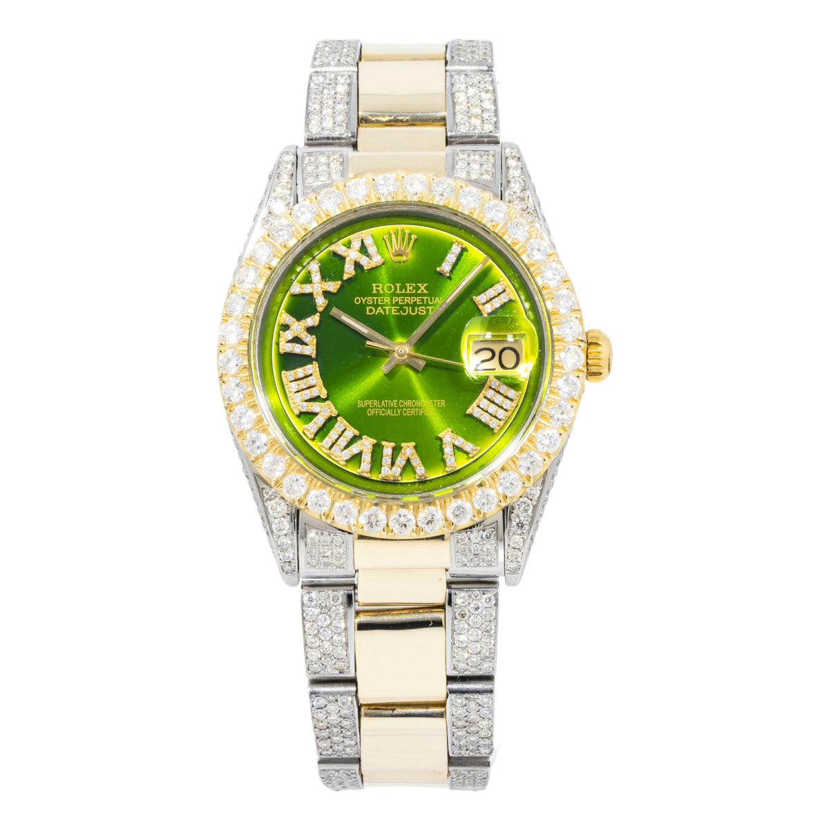 Pre-Owned Rolex Datejust 36MM 16233 Green Roman Diamond Dial Diamond Bezel Two Tone Yellow Gold Semi Diamond Oyster Bracelet