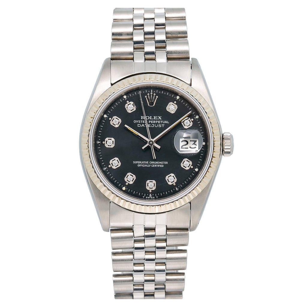 Pre-Owned Rolex Datejust 36MM 1601 Black Diamond Dial Fluted Bezel Stainless Steel Jubilee Bracelet