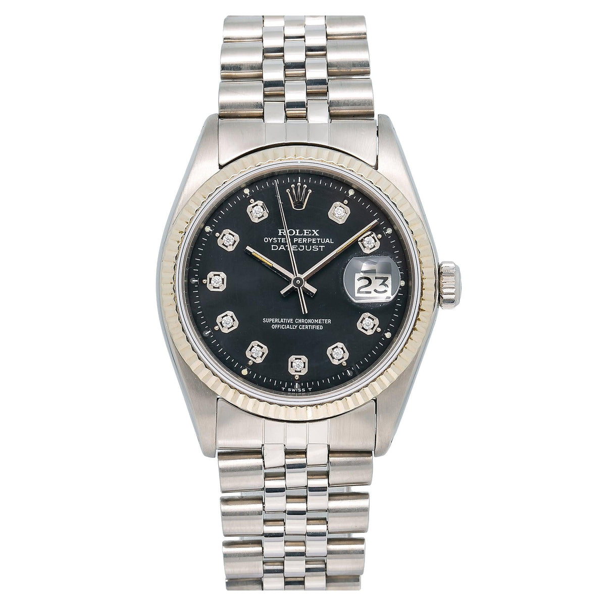 Pre-Owned Rolex Datejust 36MM 1601 Black Diamond Dial Fluted Bezel Stainless Steel Jubilee Bracelet