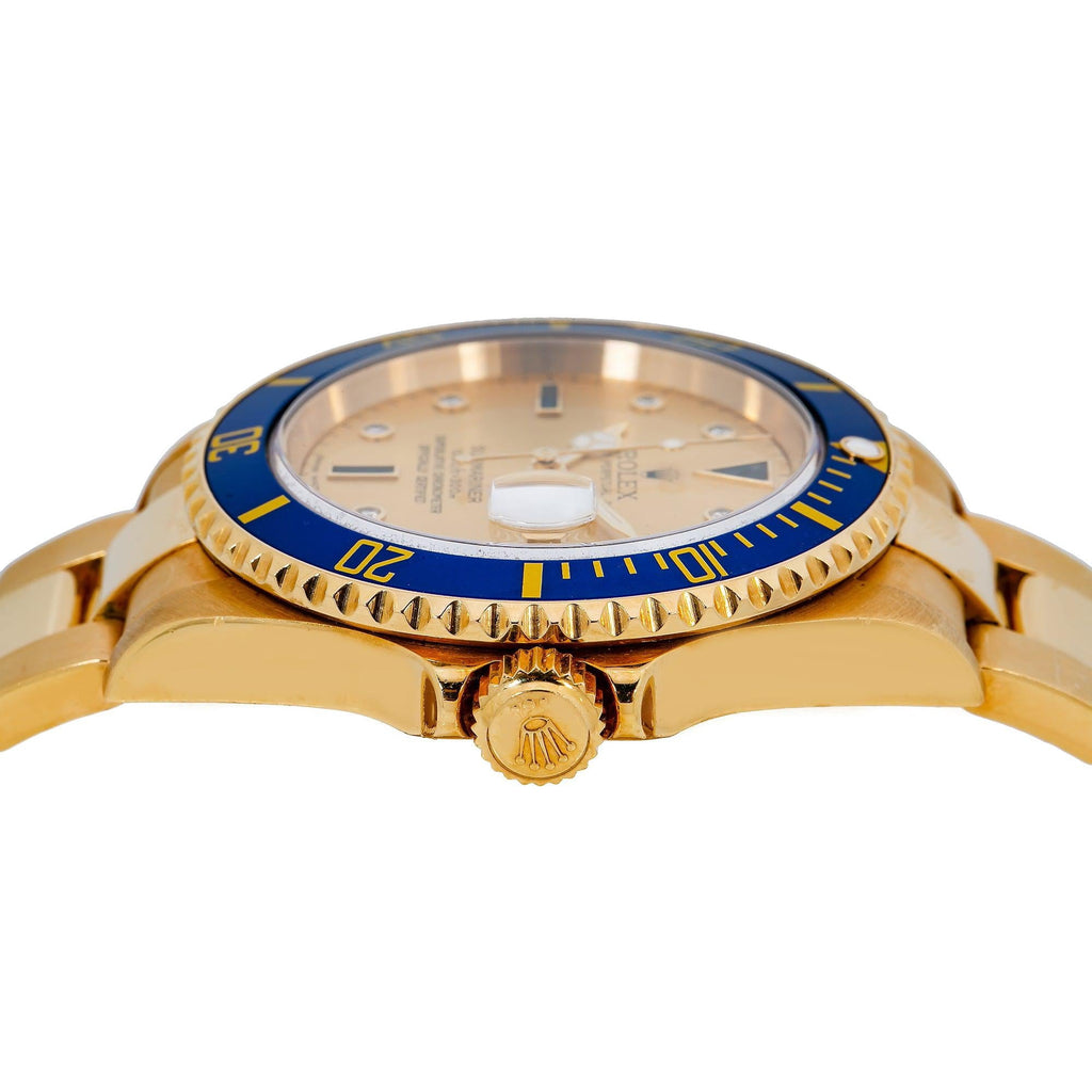 Pre-Owned Rolex Submariner Date 40MM 16618 Champagne Diamond Dial Blue Ceramic Bezel 18K Yellow Gold Oyster Bracelet