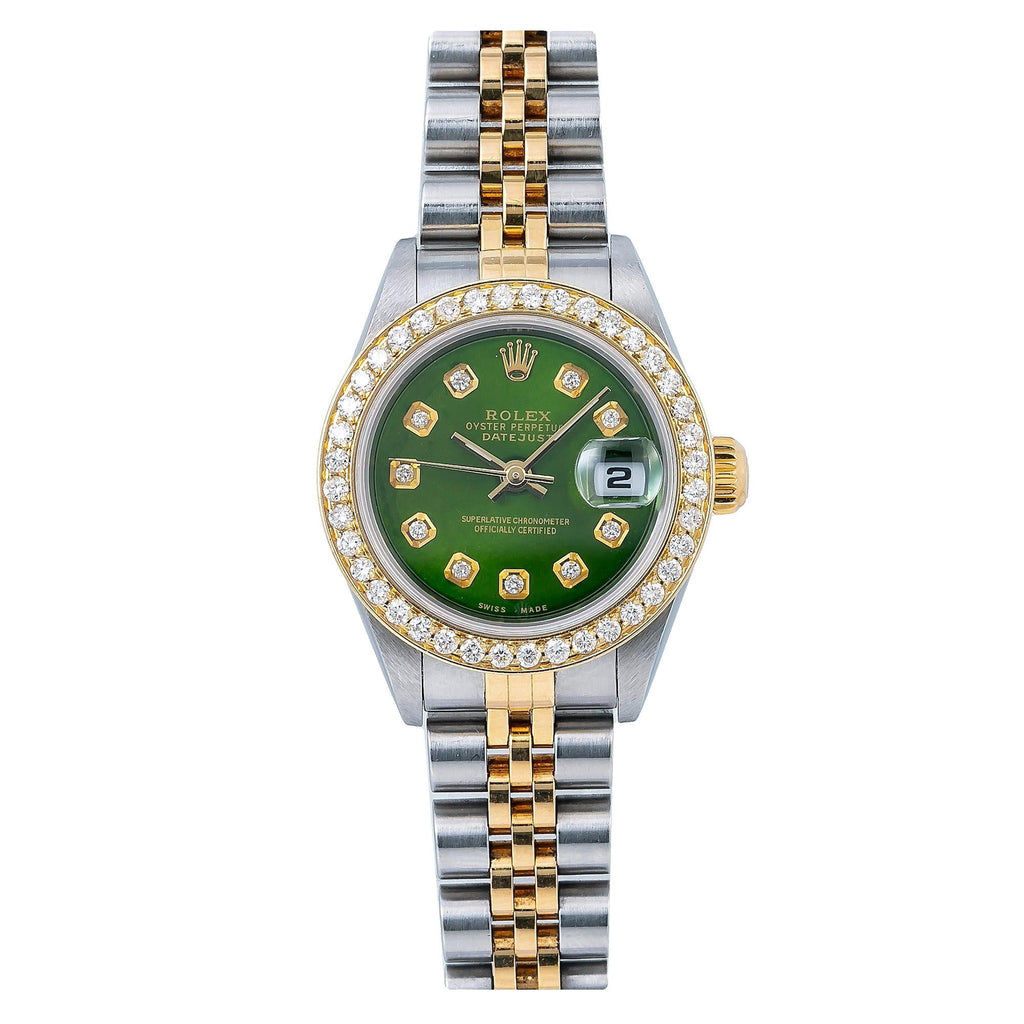 Pre-Owned Rolex Datejust 26MM 69173 Green Diamond Dial Diamond Bezel Two Tone Yellow Gold Jubilee Bracelet