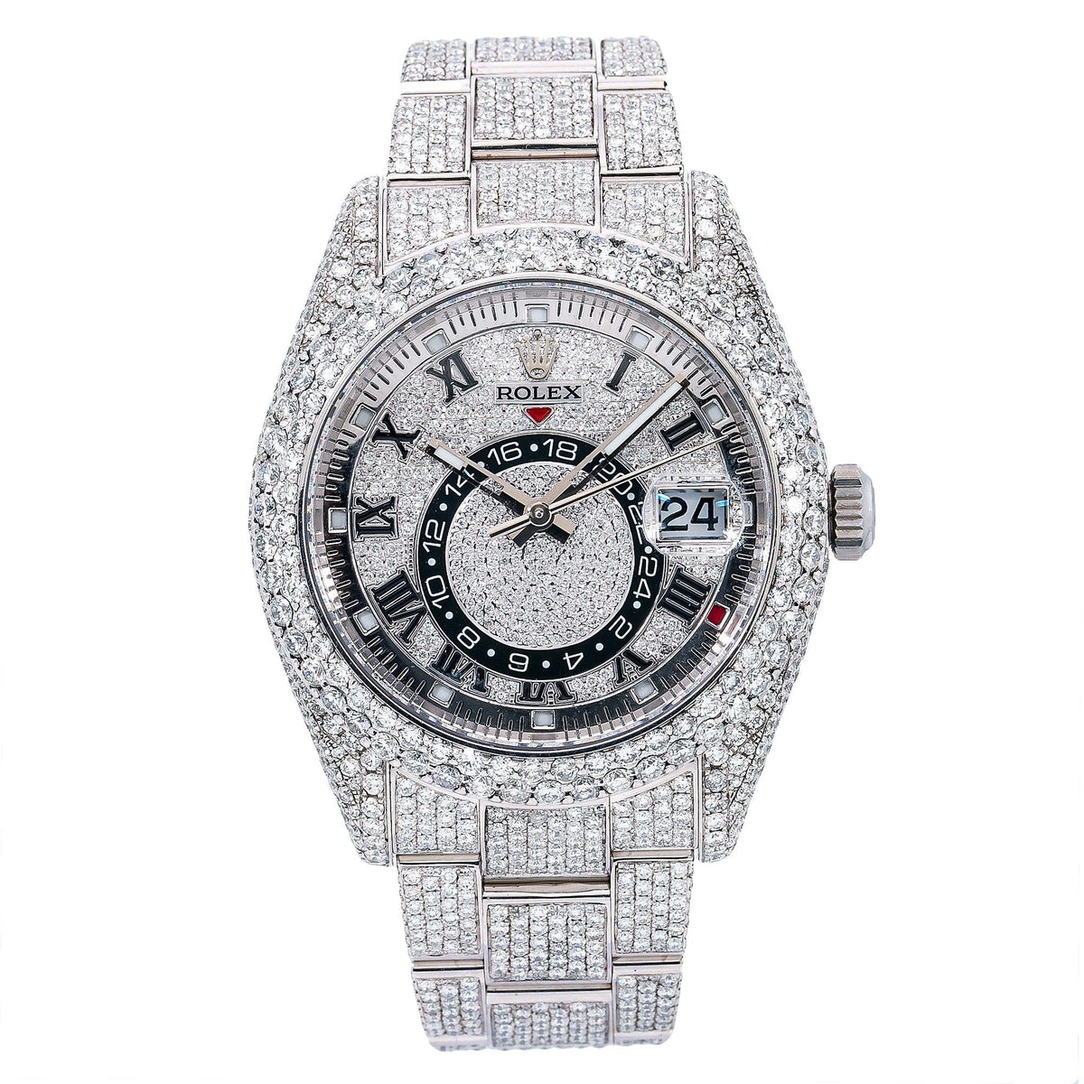 Pre-Owned Rolex Sky-Dweller 42MM 326934 Diamond Paved Roman Dial Diamond Bezel Stainless Steel Full Diamond Oyster Bracelet 16.75ct