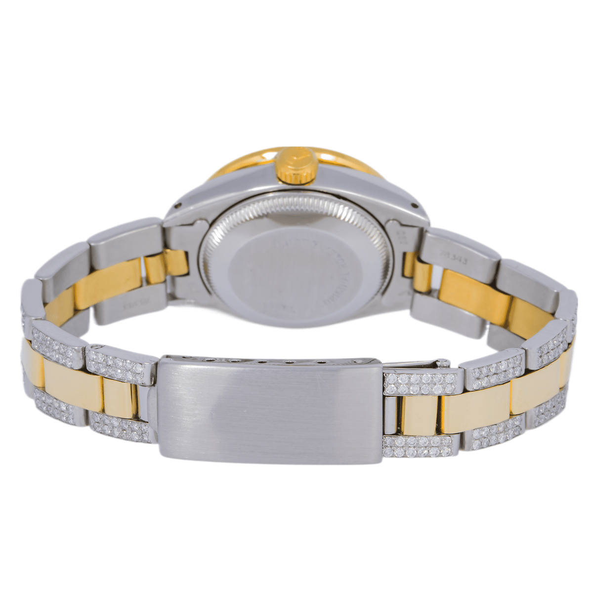 Pre-Owned Rolex Datejust 26MM 69173 Blue Mother of Pearl Diamond Dial Rainbow Gemstone Bezel Two Tone Yellow Gold Semi Diamond Oyster Bracelet