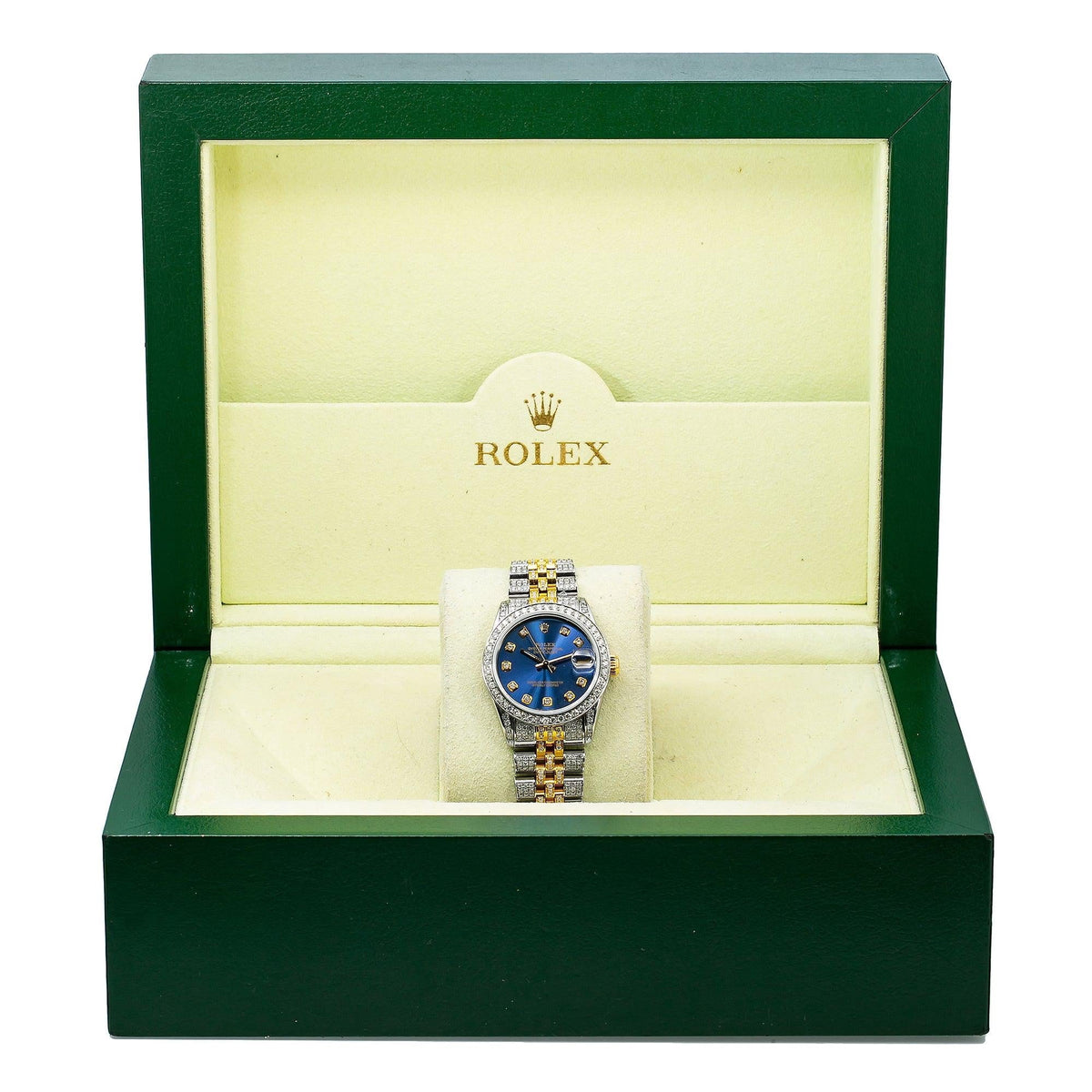 Pre-Owned Rolex Datejust 31MM 6824 Blue Diamond Dial Diamond Bezel Two Tone Yellow Gold Full Diamond Jubilee Bracelet