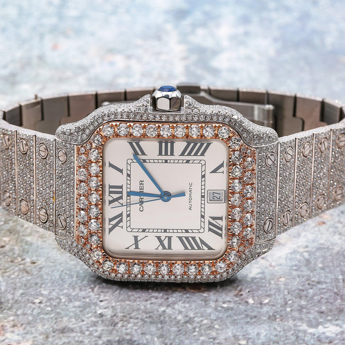 Pre-Owned Cartier Santos 39.8MM WSSA0009 Silver Roman Dial Rose Gold Diamond Bezel Stainless Steel Full Diamond Bracelet 17.96ct