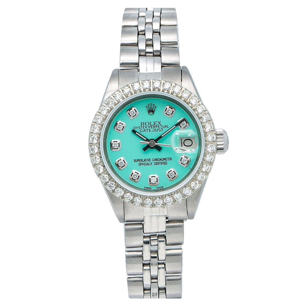 Pre-Owned Rolex Datejust 26MM 69174 Turquoise Diamond Dial Diamond Bezel Stainless Steel Jubilee Bracelet