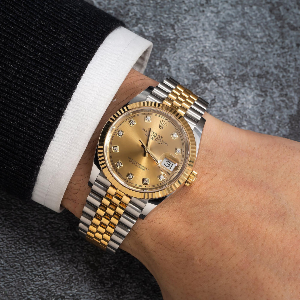 Pre-Owned Rolex Datejust 36MM 126233 Champagne Diamond Dial Fluted Bezel Two Tone Yellow Gold Jubilee Bracelet
