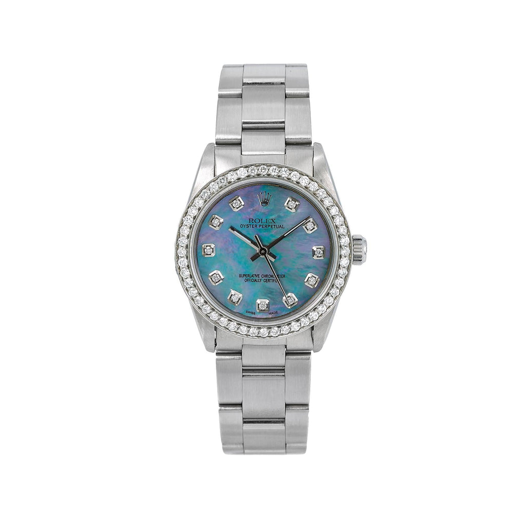 Pre-Owned Rolex Oyster Perpetual 31MM 67480 Blue Mother of Pearl Diamond Dial Diamond Bezel Stainless Steel Oyster Bracelet 1.05ct