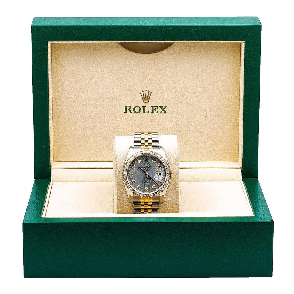 Pre-Owned Rolex Datejust 36MM 116233 Silver Pattern Diamond Dial Diamond Bezel Two Tone Yellow Gold Jubilee Bracelet 1.2ct