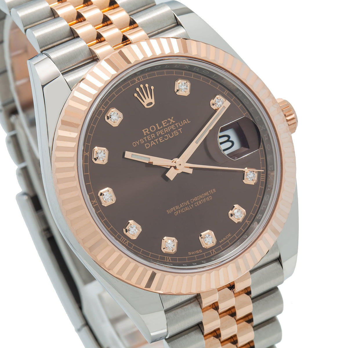 Pre-Owned Rolex Datejust 41MM 126331 Chocolate Diamond Dial Fluted Bezel Two Tone Rose Gold Jubilee Bracelet
