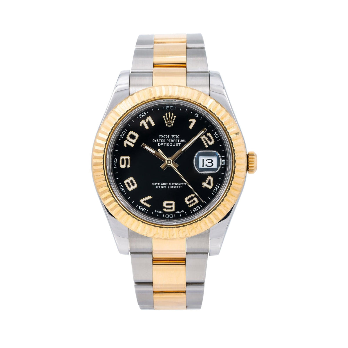 Pre-Owned Rolex Datejust 41MM 116333 Black Arabic Dial Fluted Bezel Two Tone Yellow Gold Oyster Bracelet