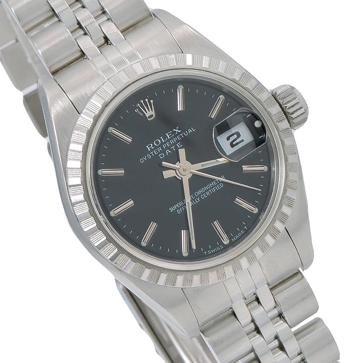 Pre-Owned Rolex Date 26MM 6924 Black Dial Engine Turned Bezel Stainless Steel Jubilee Bracelet