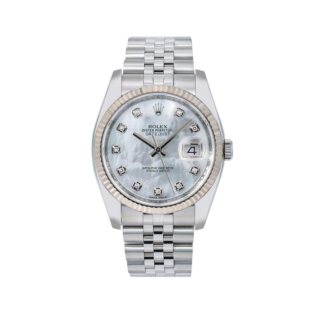 Pre-Owned Rolex Datejust 36MM 116234 White Mother of Pearl Diamond Dial Fluted Bezel Stainless Steel Jubilee Bracelet