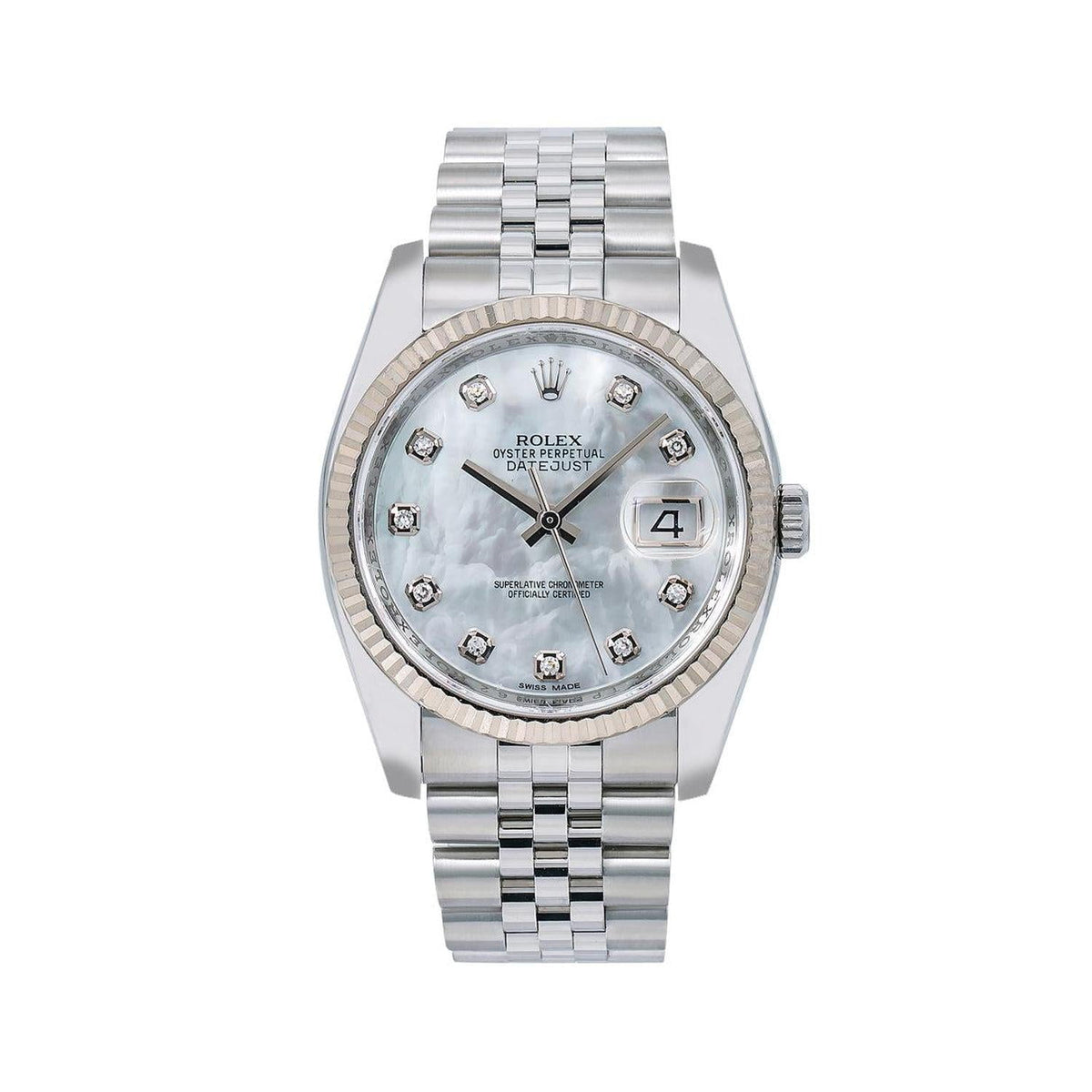Pre-Owned Rolex Datejust 36MM 116234 White Mother of Pearl Diamond Dial Fluted Bezel Stainless Steel Jubilee Bracelet