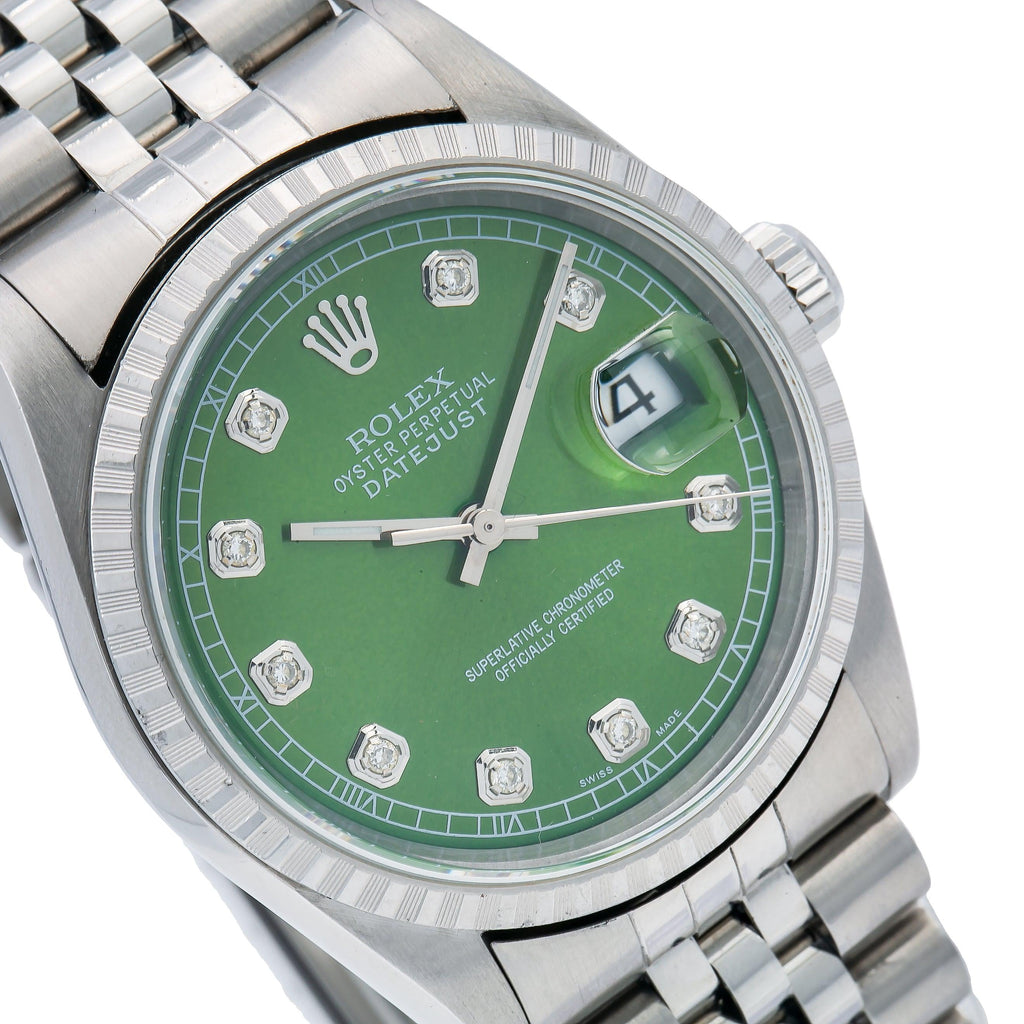 Pre-Owned Rolex Datejust 36MM 16220 Green Diamond Dial Engine Turned Bezel Stainless Steel Jubilee Bracelet