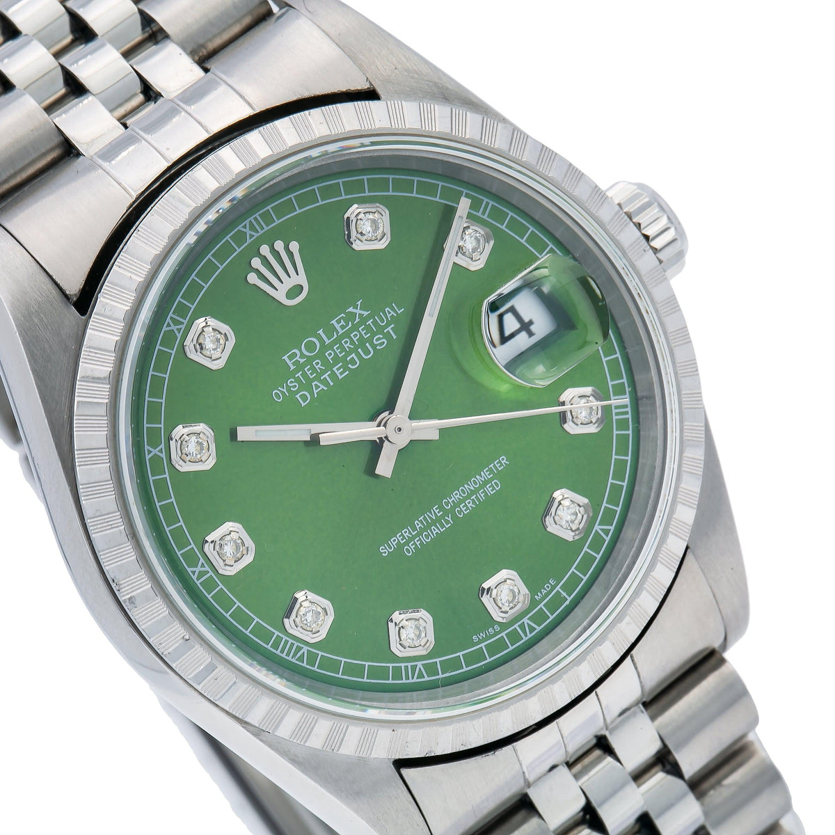 Pre-Owned Rolex Datejust 36MM 16220 Green Diamond Dial Engine Turned Bezel Stainless Steel Jubilee Bracelet