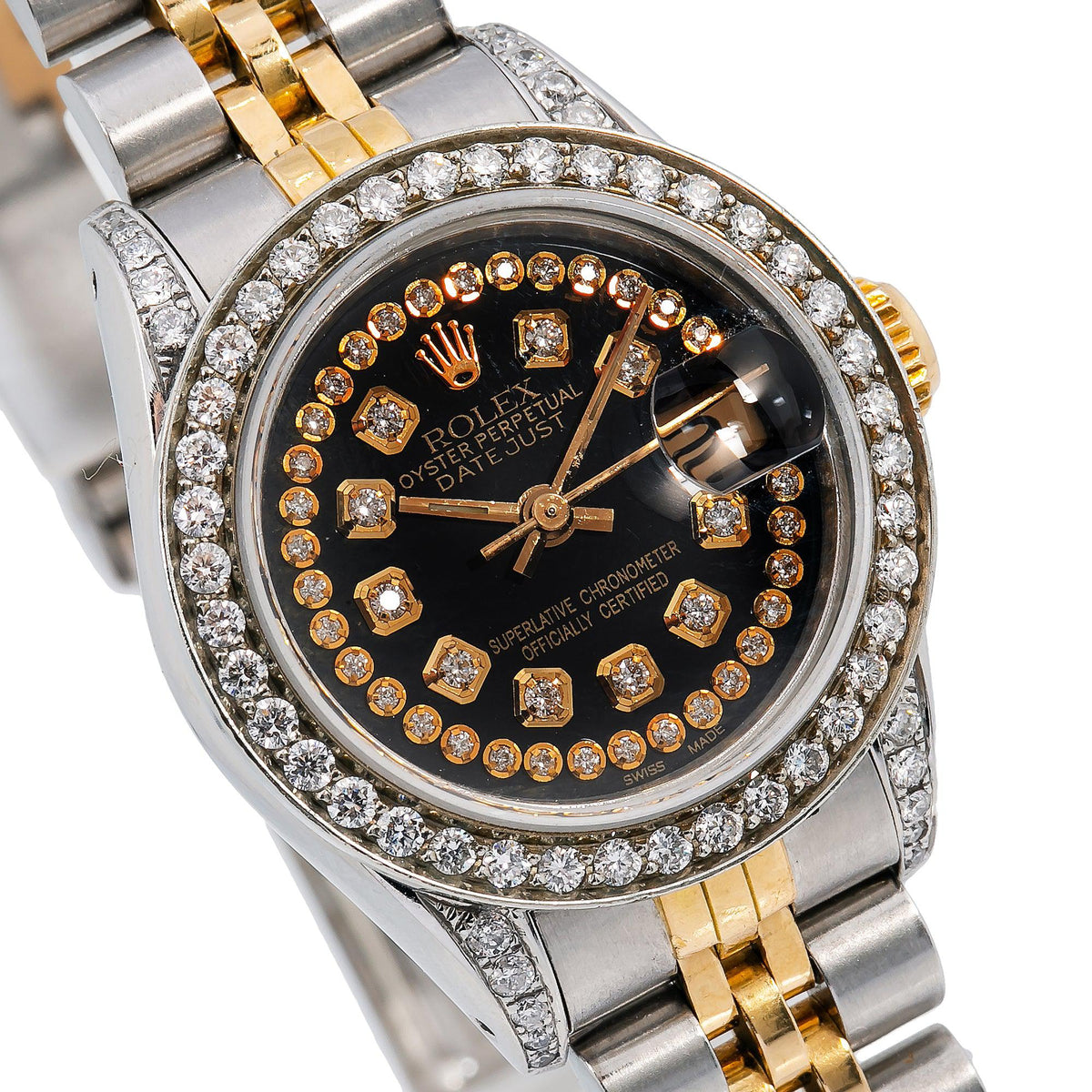 Pre-Owned Rolex Datejust 26MM 6917 Black Diamond Dial Diamond Bezel Two Tone Yellow Gold Jubilee Bracelet 1.2ct