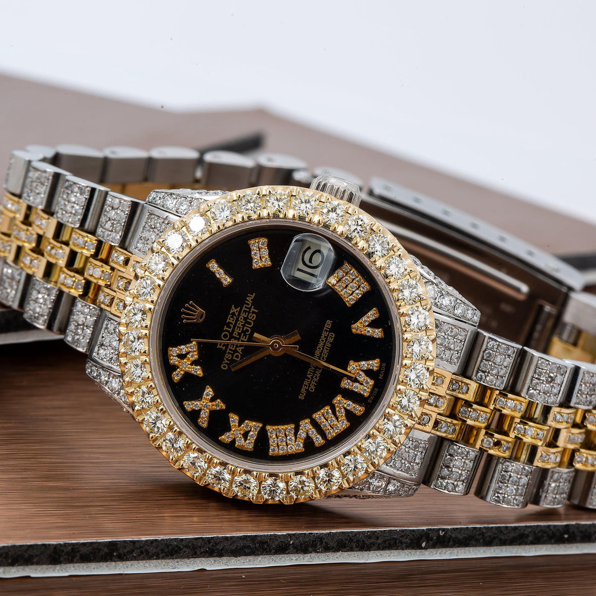 Pre-Owned Rolex Datejust 31MM 6824 Black Roman Diamond Dial Diamond Bezel Two Tone Yellow Gold Full Diamond Jubilee Bracelet
