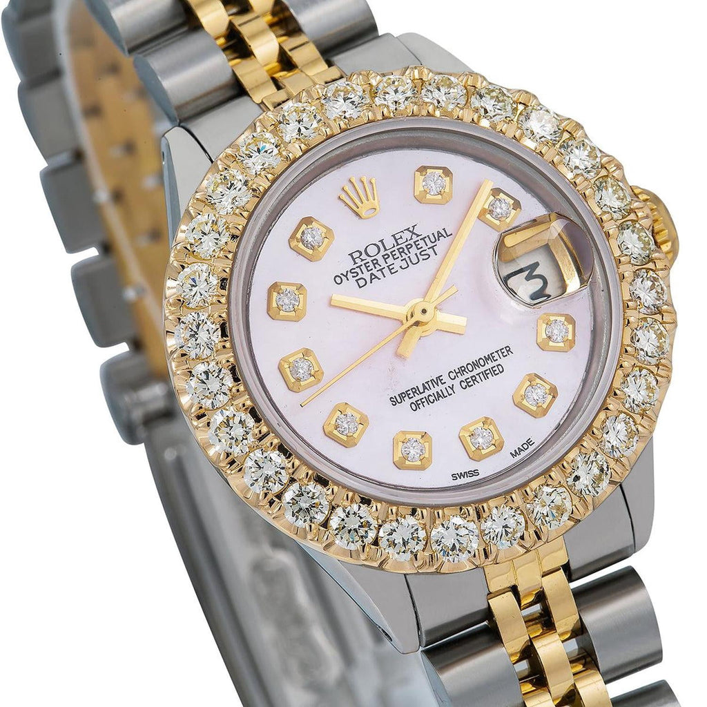 Pre-Owned Rolex Datejust 26MM 6917 Pink Mother of Pearl Diamond Dial Diamond Bezel Two Tone Yellow Gold Jubilee Bracelet