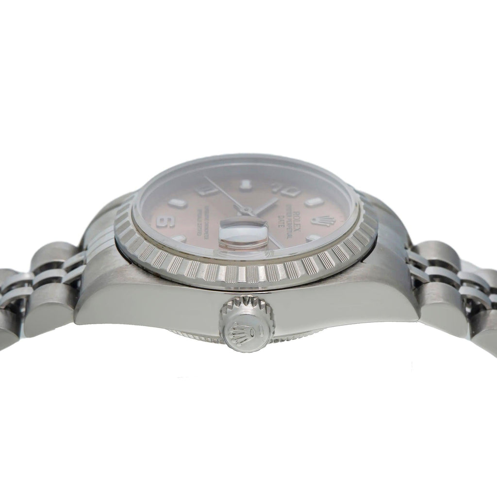 Pre-Owned Rolex Date 26MM 79240 Everose Arabic Dial Engine Turned Bezel Stainless Steel Jubilee Bracelet