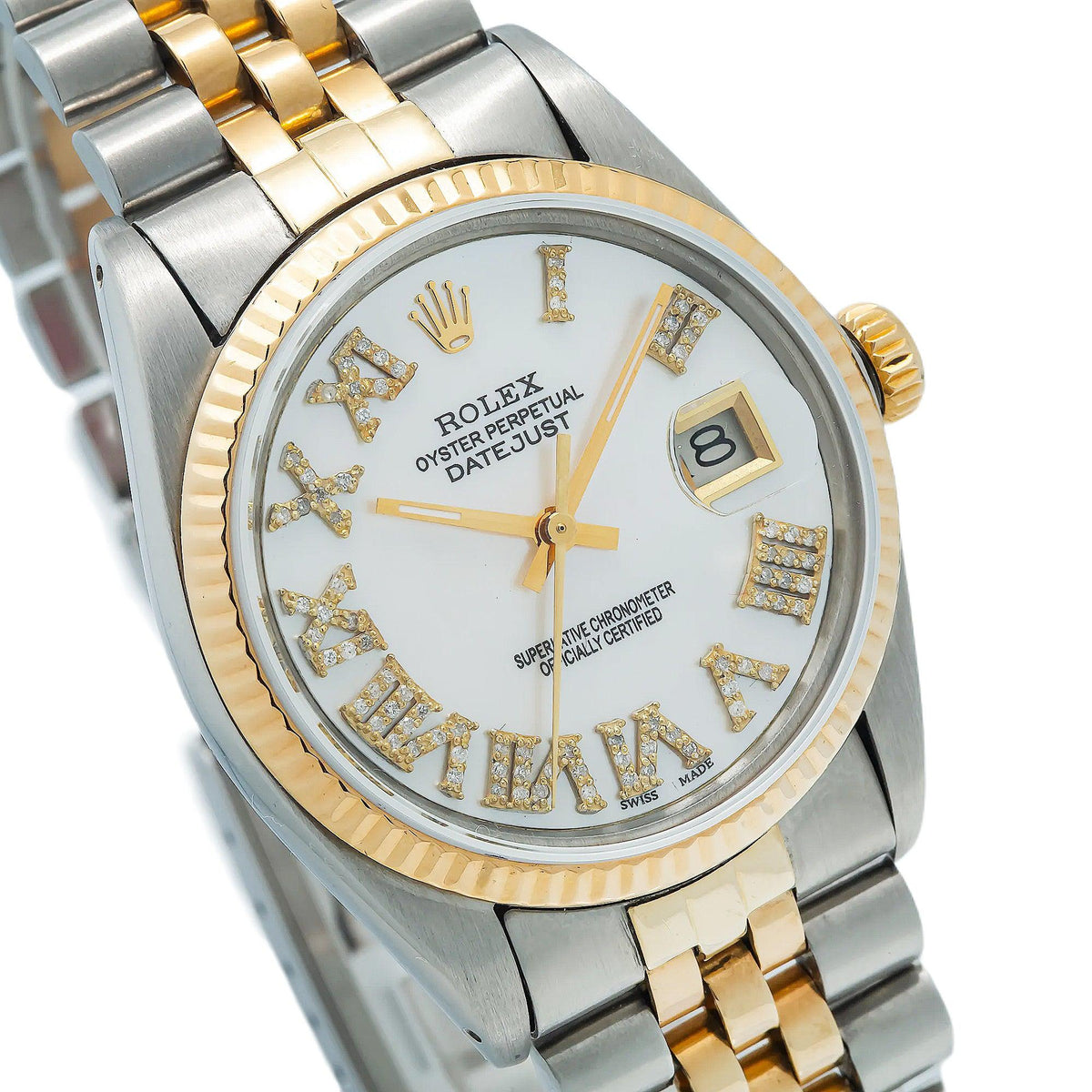 Pre-Owned Rolex Datejust 31MM 6824 Mother of Pearl Roman Diamond Dial Fluted Bezel Two Tone Yellow Gold Jubilee Bracelet