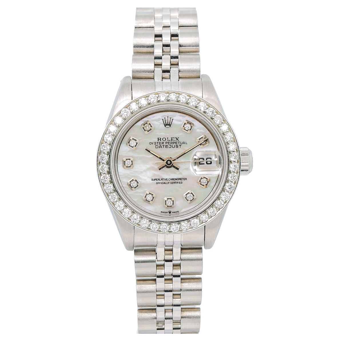 Pre-Owned Rolex Datejust 26MM 6917 White Mother of Pearl Diamond Dial Diamond Bezel Stainless Steel Jubilee Bracelet