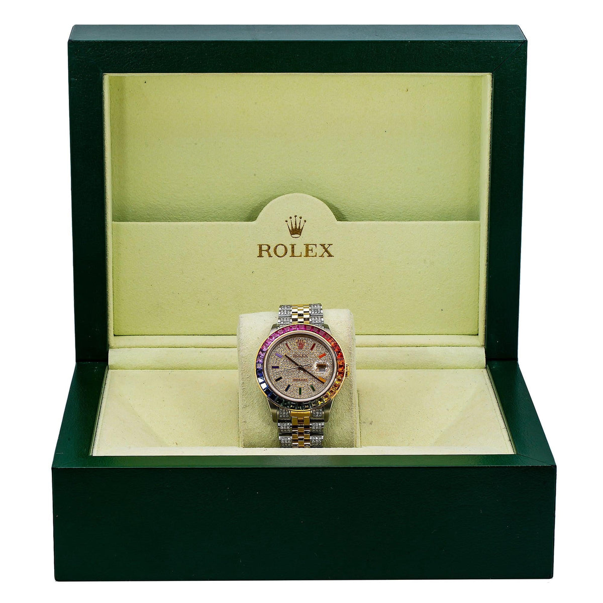Pre-Owned Rolex Datejust 36MM 16013 Diamond Paved Rainbow Hour Dial Rainbow Gemstone Bezel Two Tone Yellow Gold Semi Diamond Jubilee Bracelet 5.25ct