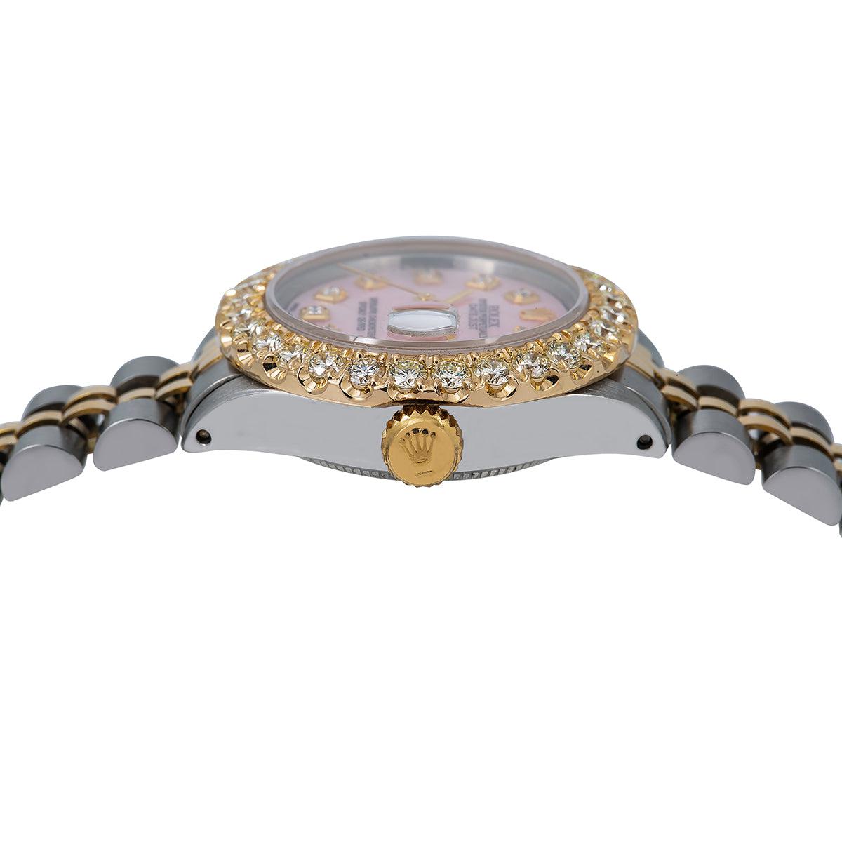 Pre-Owned Rolex Datejust 26MM 6917 Pink Mother of Pearl Diamond Dial Diamond Bezel Two Tone Yellow Gold Jubilee Bracelet